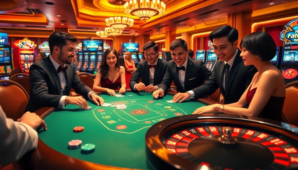 Players celebrating wins at the nhà cái F8bet casino table with vibrant chips and cards.