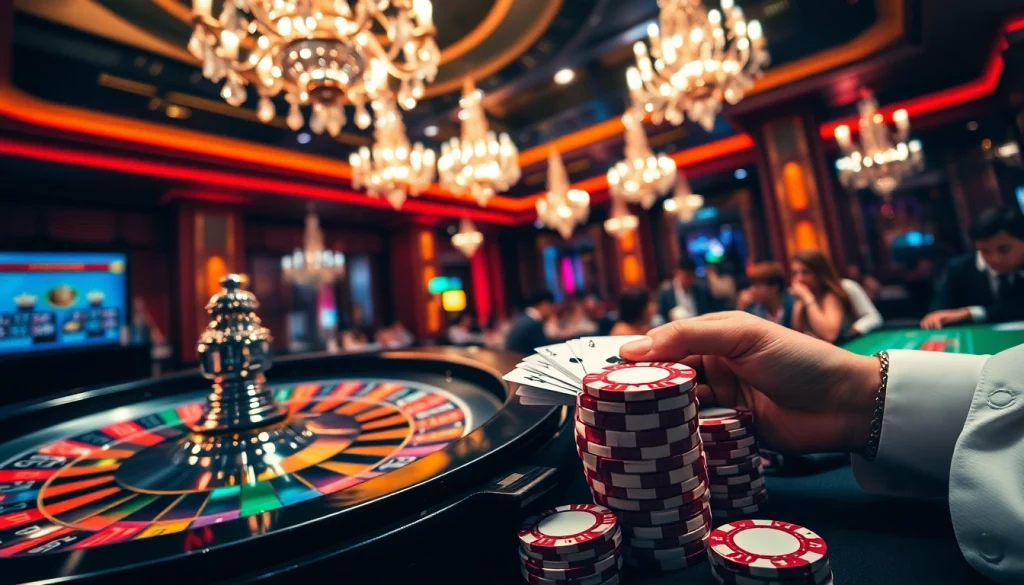 Players at a bustling casino with e28 poker chips on a vibrant blackjack table.