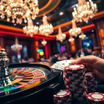 Players at a bustling casino with e28 poker chips on a vibrant blackjack table.