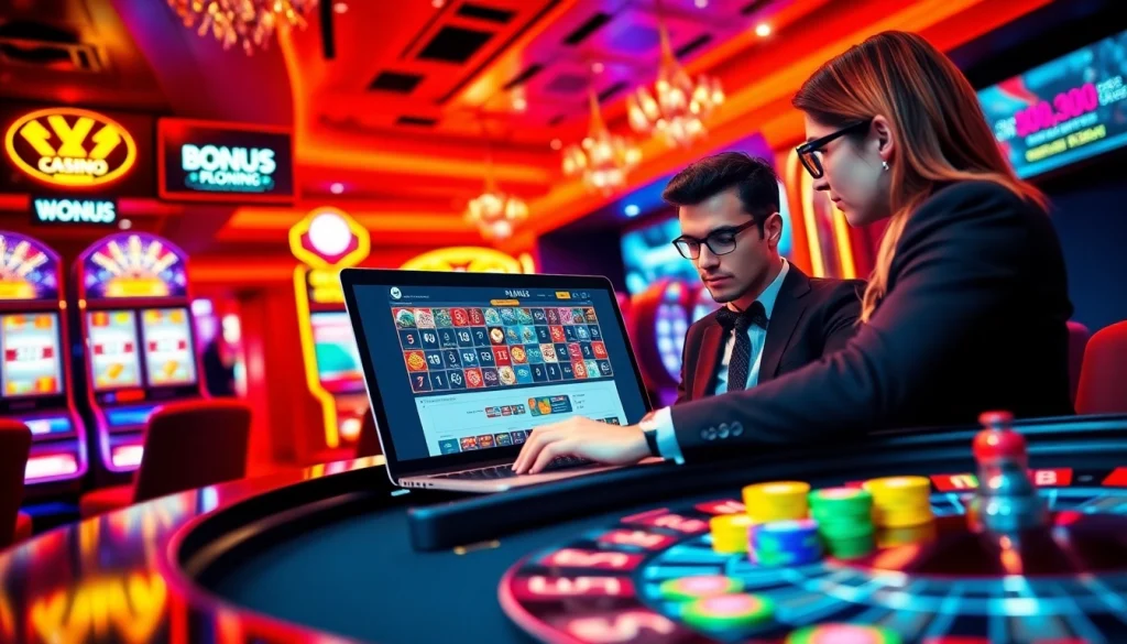 Engaging player at an AAAJILI online casino interface surrounded by vibrant gambling elements.