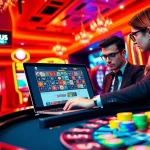 Engaging player at an AAAJILI online casino interface surrounded by vibrant gambling elements.