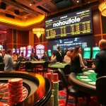 Players are enjoying thrilling casino games at https://nohu90.download/ with vibrant slot machines and poker tables.