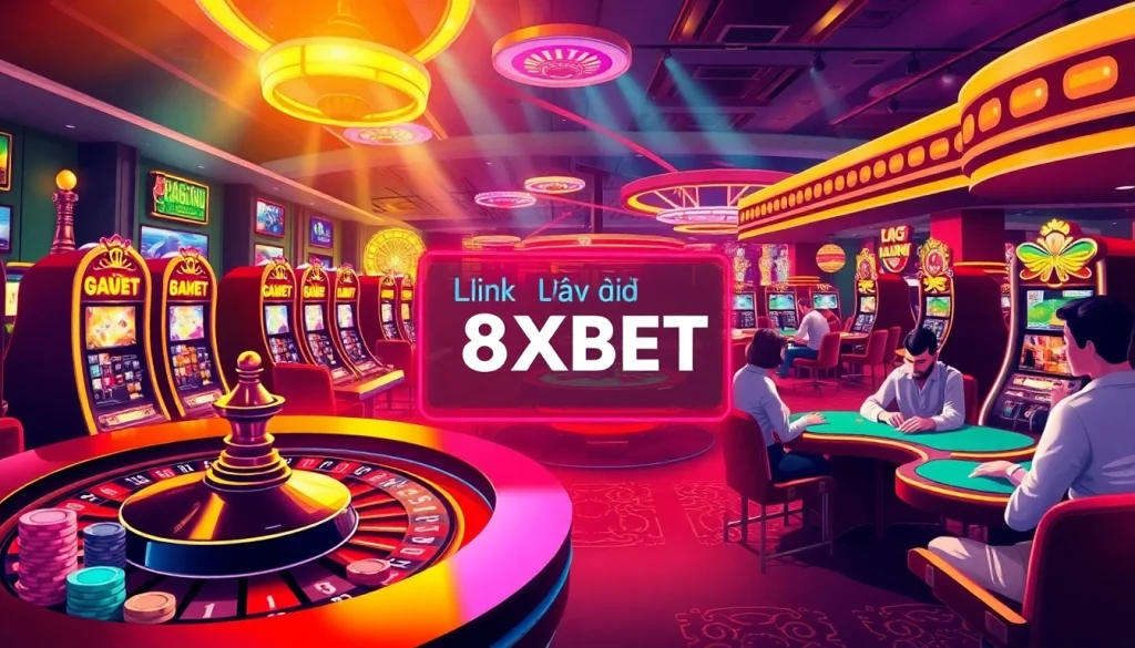 Link vào 8XBET showcases an exciting roulette table with colorful chips in a vibrant casino setting.