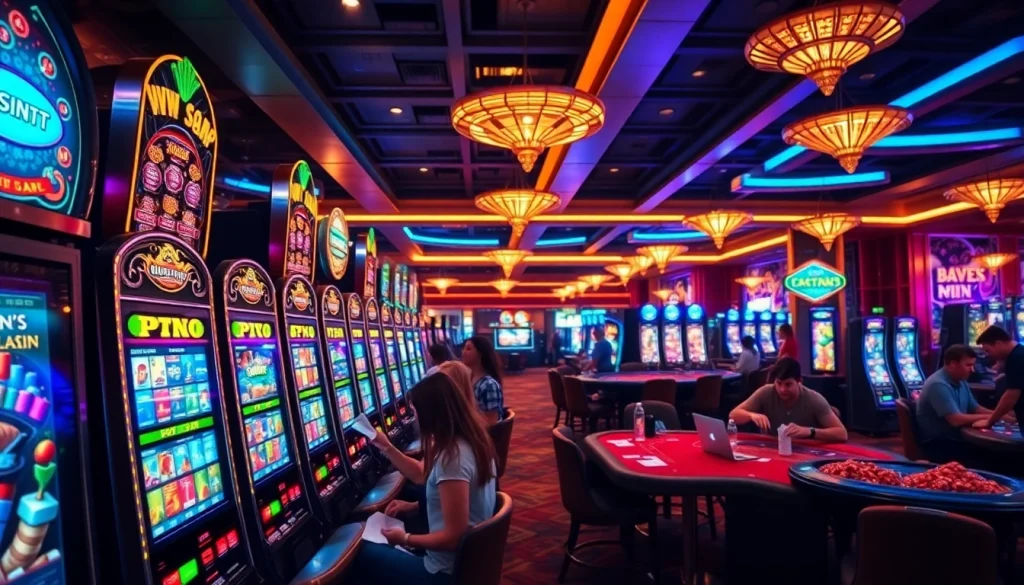 Players enjoying the thrill of gaming at https://mm88.vegas/ with vibrant slot machines and excitement in the air.