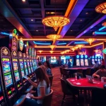 Players enjoying the thrill of gaming at https://mm88.vegas/ with vibrant slot machines and excitement in the air.