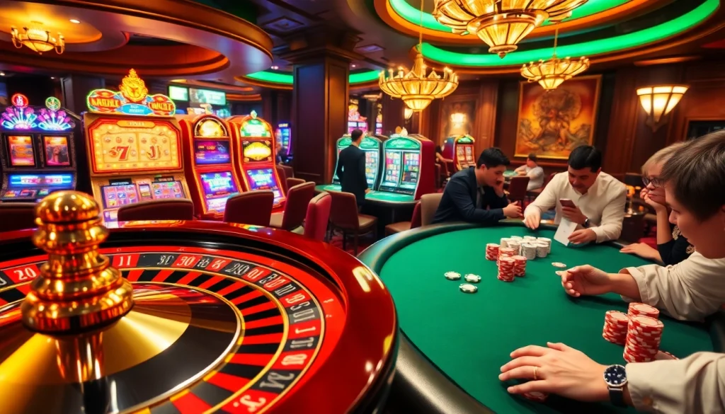 Exciting gambling action at a casino with f168 đăng nhập for players enjoying poker and roulette.