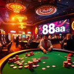 88aa showcases an exciting casino experience with players at poker tables and vibrant slot machines in a thrilling atmosphere.