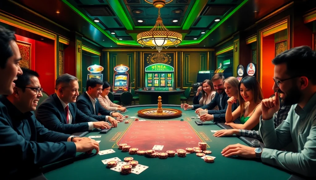 88AA-themed casino scene showcasing poker players strategizing at a high-stakes table with vibrant chips and cards.