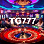 TG777 casino atmosphere showcasing vibrant tables, excited players, and colorful slot machines.