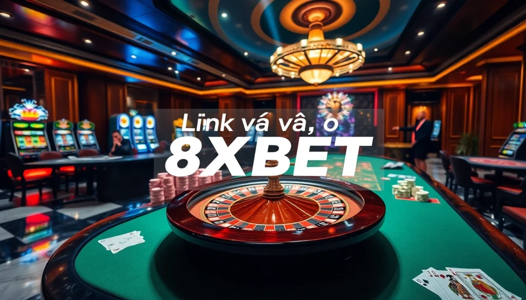 Link vào 8XBET as players engage in thrilling casino action with roulette and poker chips.