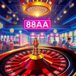 Players celebrating a win at a poker table in the vibrant 88AA casino, surrounded by colorful slot machines and roulette.