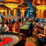 A lively casino scene at https://go8.uk.net/, showcasing players exhilarated by roulette and poker games with vibrant chips and slot machines.
