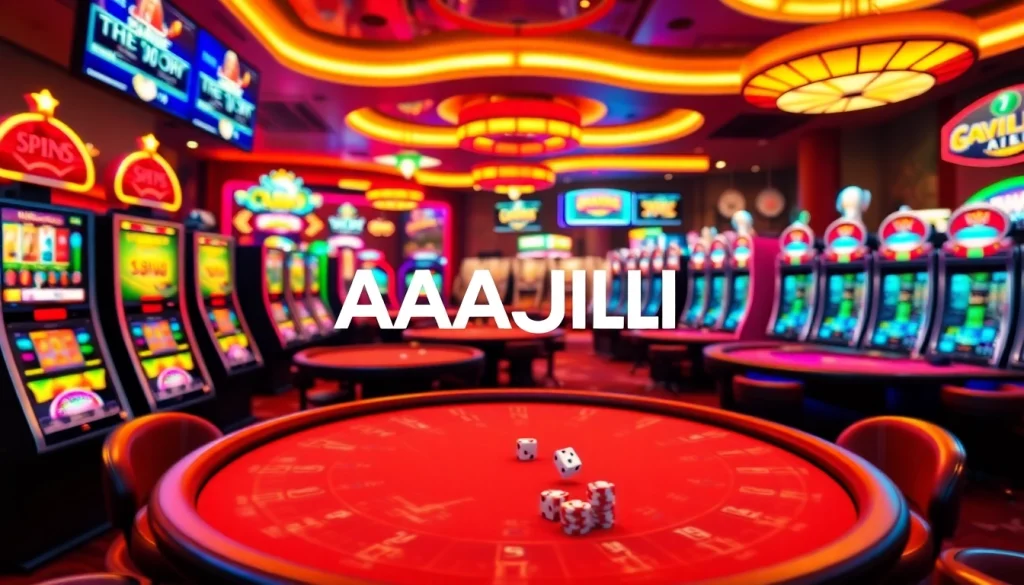 Players enjoying the exciting AAAJILI online casino experience with vibrant slot machines and action-packed tables.