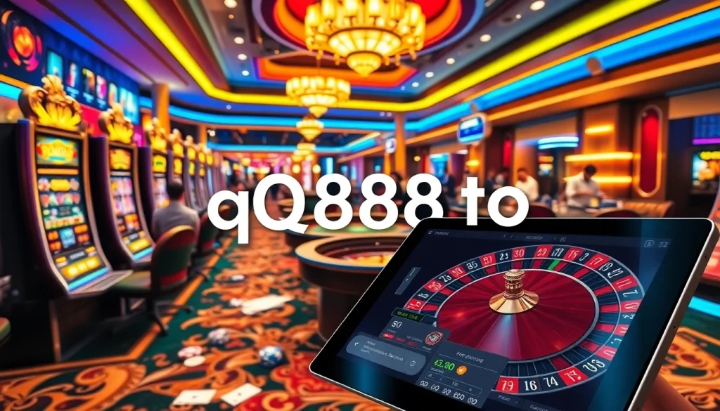 Experience thrilling casino action with qq88 to, showcasing players at poker tables and vibrant slots.