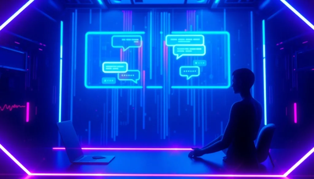 Engaging in a porn AI chat with a futuristic chatbot interface illuminated by neon lights.