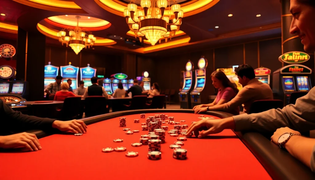 Experience the thrill of live gambling at f8bet.com.co with players at a poker table and vibrant casino elements.