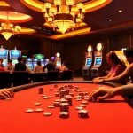 Experience the thrill of live gambling at f8bet.com.co with players at a poker table and vibrant casino elements.