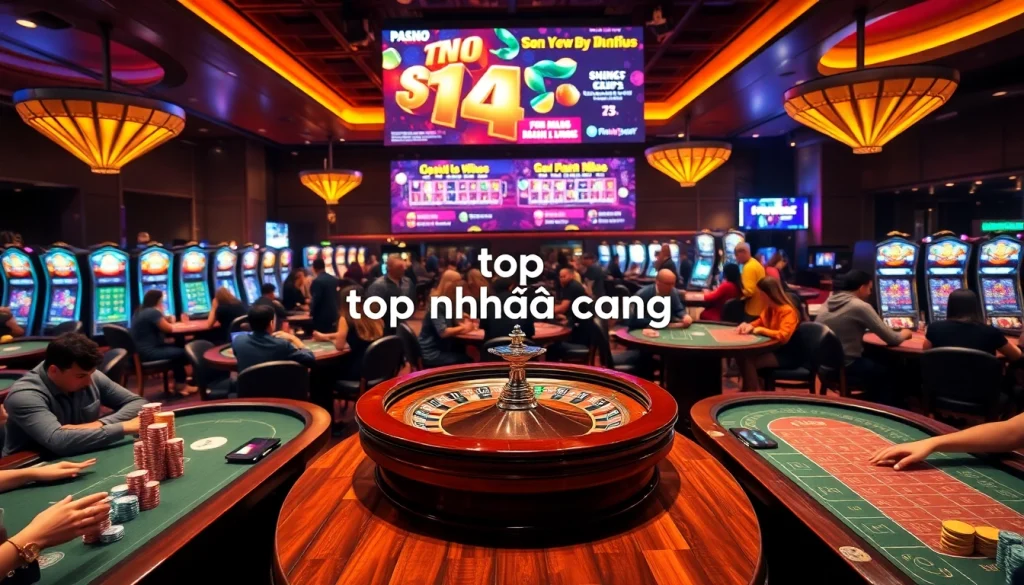 The casino showcases vibrant action as players engage at the roulette wheel and poker tables, representing the top nhà cái uy tín nhất for thrilling gaming experiences.