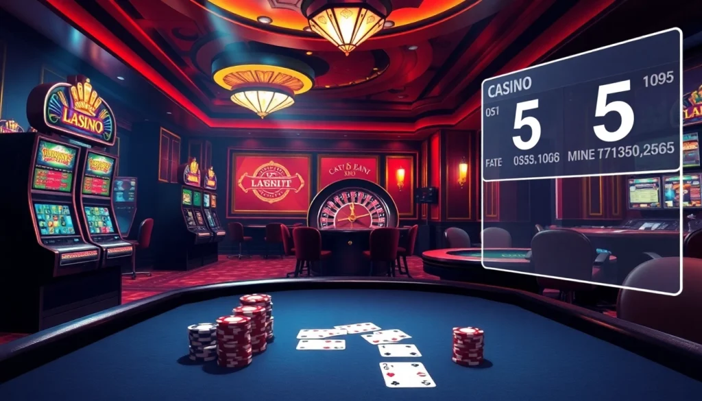 Experience tỷ lệ kèo nhà cái 5 with dynamic casino action featuring poker chips and roulette wheels in a lively atmosphere.
