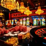 Experience the excitement of 'gacor123' at a casino with bright slot machines, poker chips, and a spinning roulette wheel.
